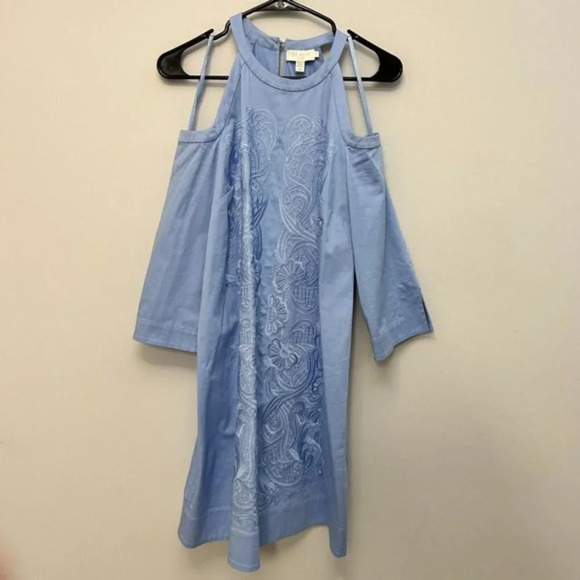 Ted Baker Jettas Embroidered Cold Shoulder Dress Baby Blue Size 1 - Picture 14 of 16